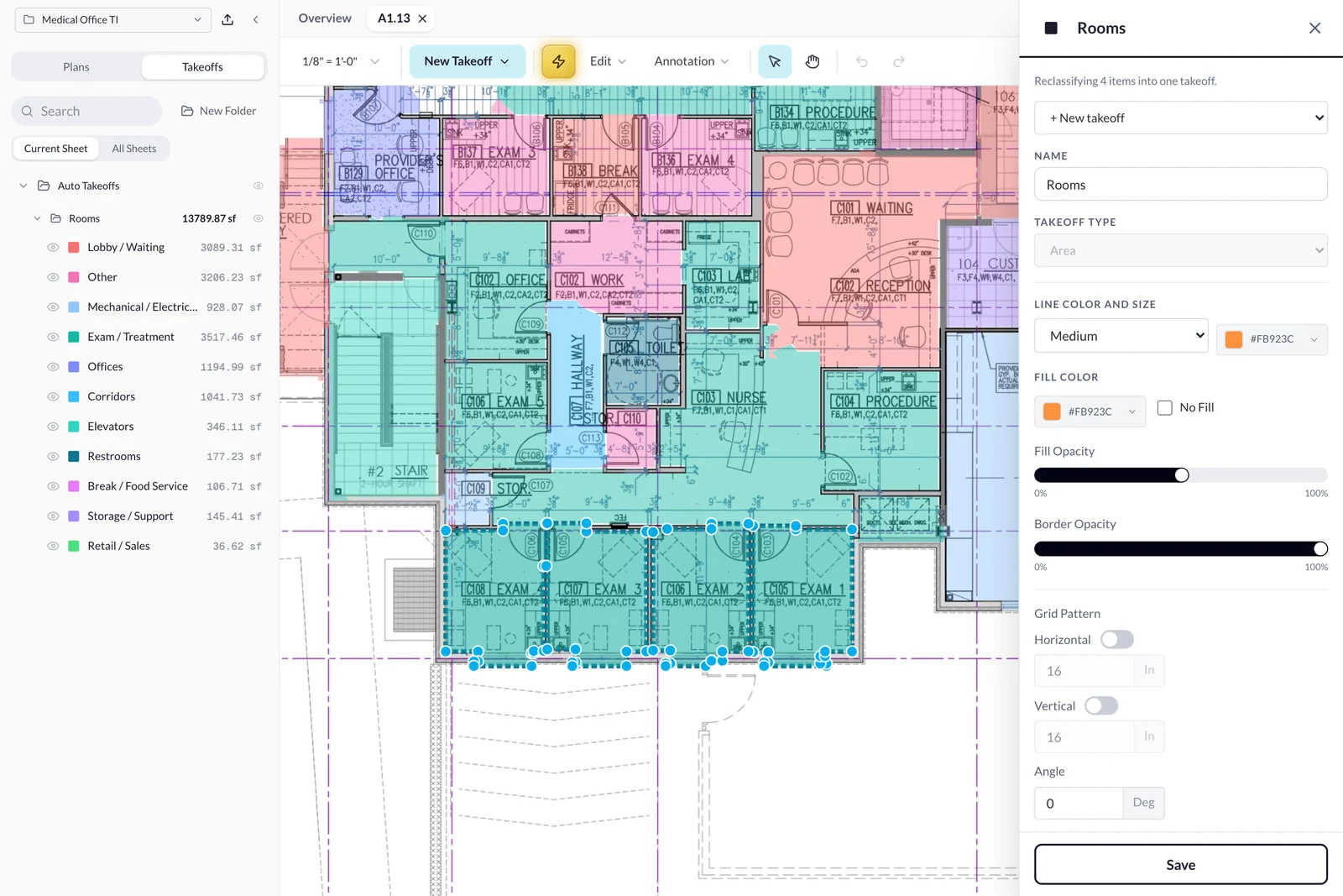 Yanno takeoff editor on a medical office plan – AI room detections appear, four exam rooms are box-selected and reclassified into a new LVT Flooring takeoff, and the rooms recolor while the takeoff list updates