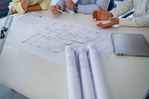 Team reviewing a full plan set across a conference table, rolled sheets in the foreground